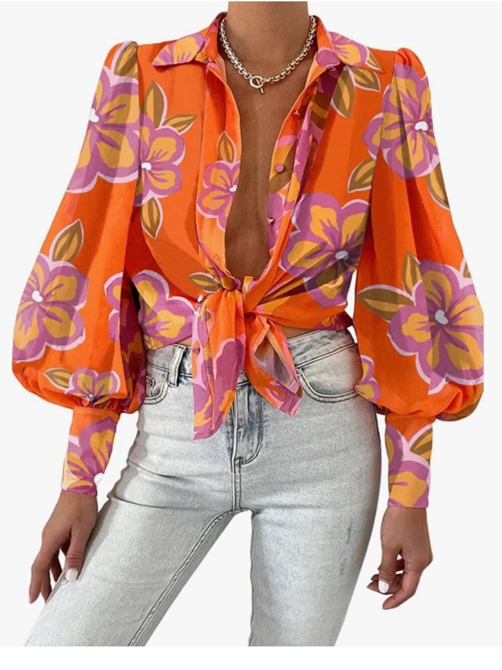 BTFBM | Orange Floral Long Sleeve Button Down Blouse | Size XL
